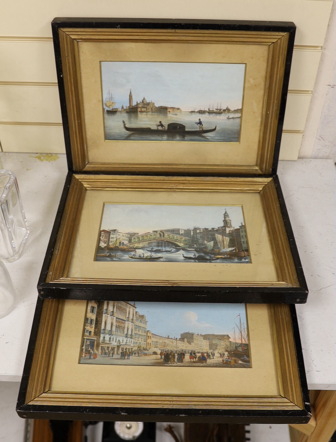 19th century English School, three hand coloured lithographs, Views of Venice, 16 x 27cm